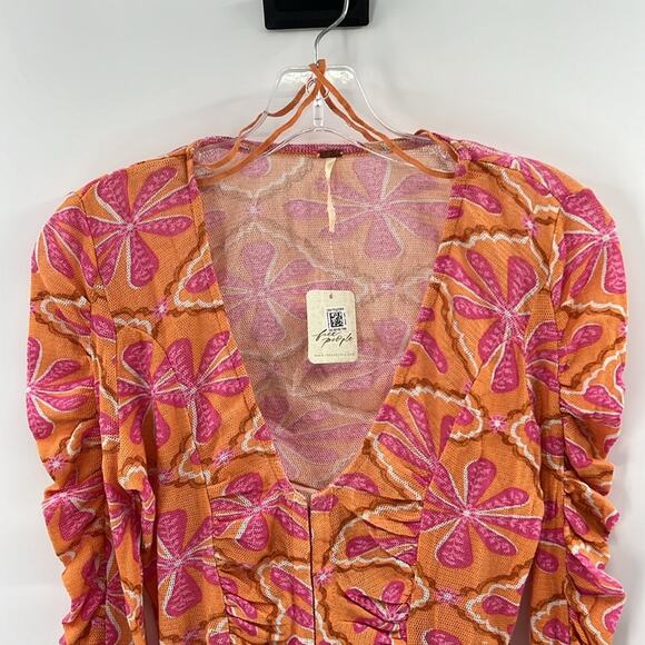 Free People Through the Meadow Ruched Mesh Top - Grapefruit Seltzer - XS - NWT - Picture 3 of 8
